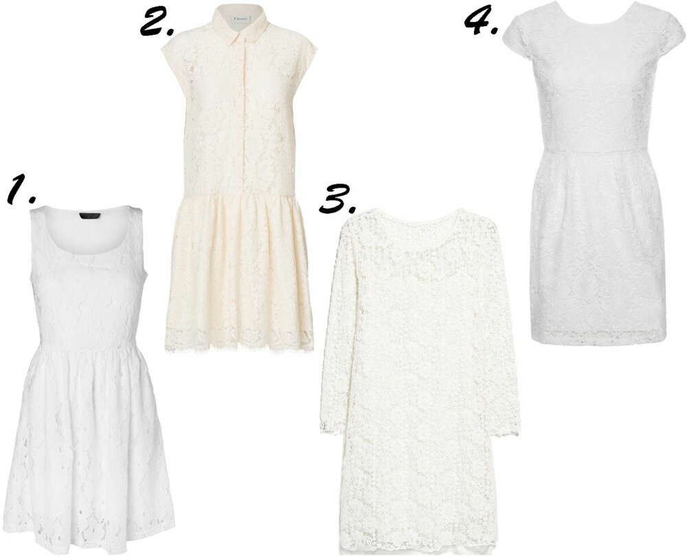 FINE, HVITE BLONDEKJOLER: 1. Minimum, kr 700. 2. Ganni, kr 1399. 3. Mango, kr 799. 4. Mint & Berry/Zalando.no, kr 569. FINE, HVITE BLONDEKJOLER: 1. Minimum, kr 700. 2. Ganni, kr 1399. 3. Mango, kr 799. 4. Mint & Berry/Zalando.no, kr 569.