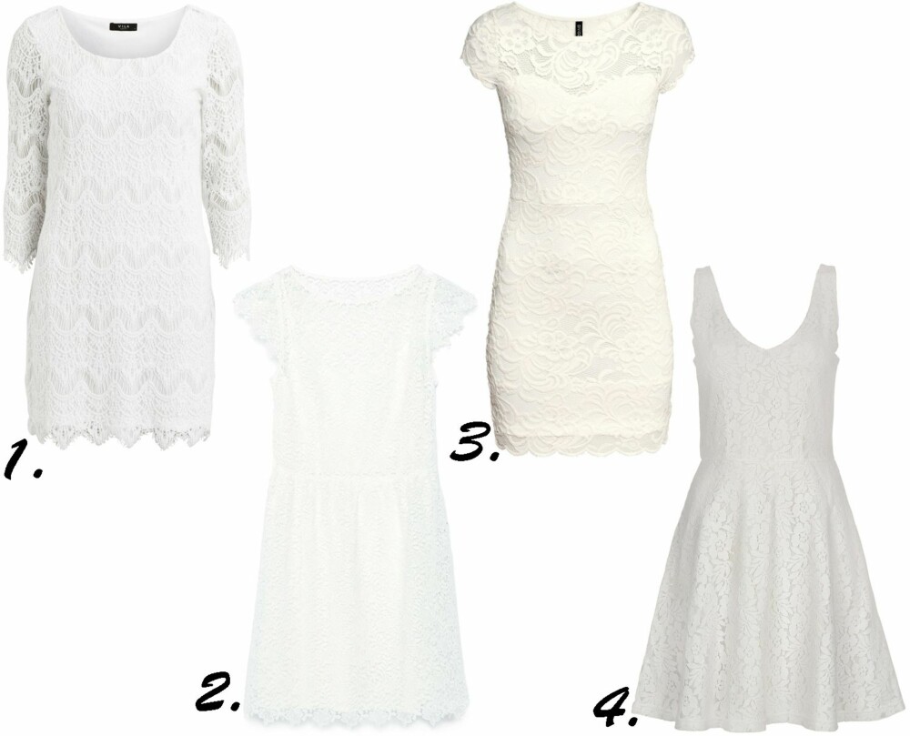VAKRE, HVITE BLONDEKJOLER: 1. Vila, kr 300. 2. Zara, kr 559. 3. H&M, kr 259. 4. Lindex, kr 299. VAKRE, HVITE BLONDEKJOLER: 1. Vila, kr 300. 2. Zara, kr 559. 3. H&M, kr 259. 4. Lindex, kr 299.