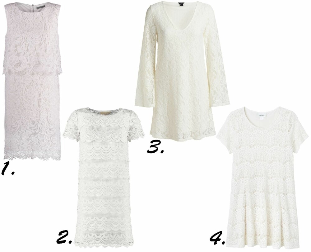 VAKRE; HVITE BLONDEKJOLER: 1. Soaked in Luxury, kr 749. 2. Michael Michael Kors/Zalando.no, kr 2295. 3. Lindex, kr 399. 4. Monki, kr 300. VAKRE; HVITE BLONDEKJOLER: 1. Soaked in Luxury, kr 749. 2. Michael Michael Kors/Zalando.no, kr 2295. 3. Lindex, kr 399. 4. Monki, kr 300.