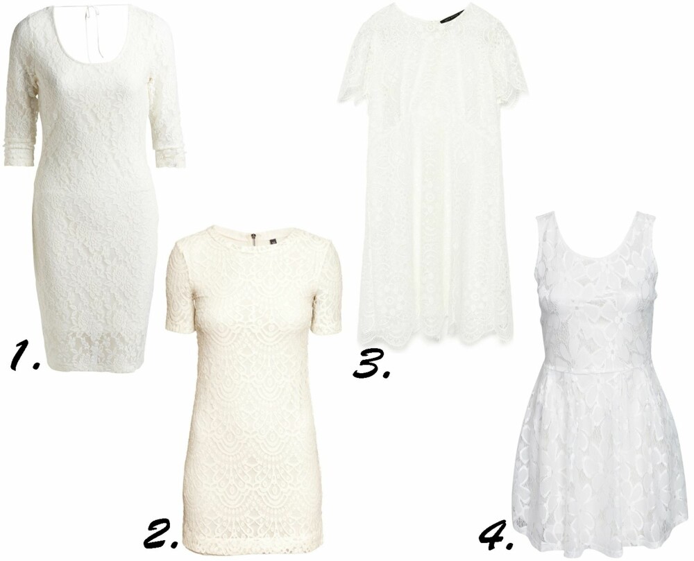 ULIKE, HVITE BLONDEKJOLER: 1. Lindex, kr 299. 2. H&M, kr 249. 3. Zara, kr 799. 4. Vero Moda, kr 299. ULIKE, HVITE BLONDEKJOLER: 1. Lindex, kr 299. 2. H&M, kr 249. 3. Zara, kr 799. 4. Vero Moda, kr 299.