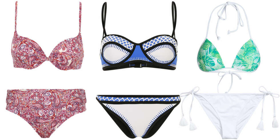 PÆREFASONG (f.v.): Ellos Bikini-bh i push-up modell, kr 199. Ellos Bikinibukse, kr 149. Bondi Born Jennifer Bikini - marina/Zalando, kr 1495. Pieces Printet Bikinitopp, kr 179,95. H&M Bikinitanga, kr 99. PÆREFASONG (f.v.): Ellos Bikini-bh i push-up modell, kr 199. Ellos Bikinibukse, kr 149. Bondi Born Jennifer Bikini - marina/Zalando, kr 1495. Pieces Printet Bikinitopp, kr 179,95. H&M Bikinitanga, kr 99.