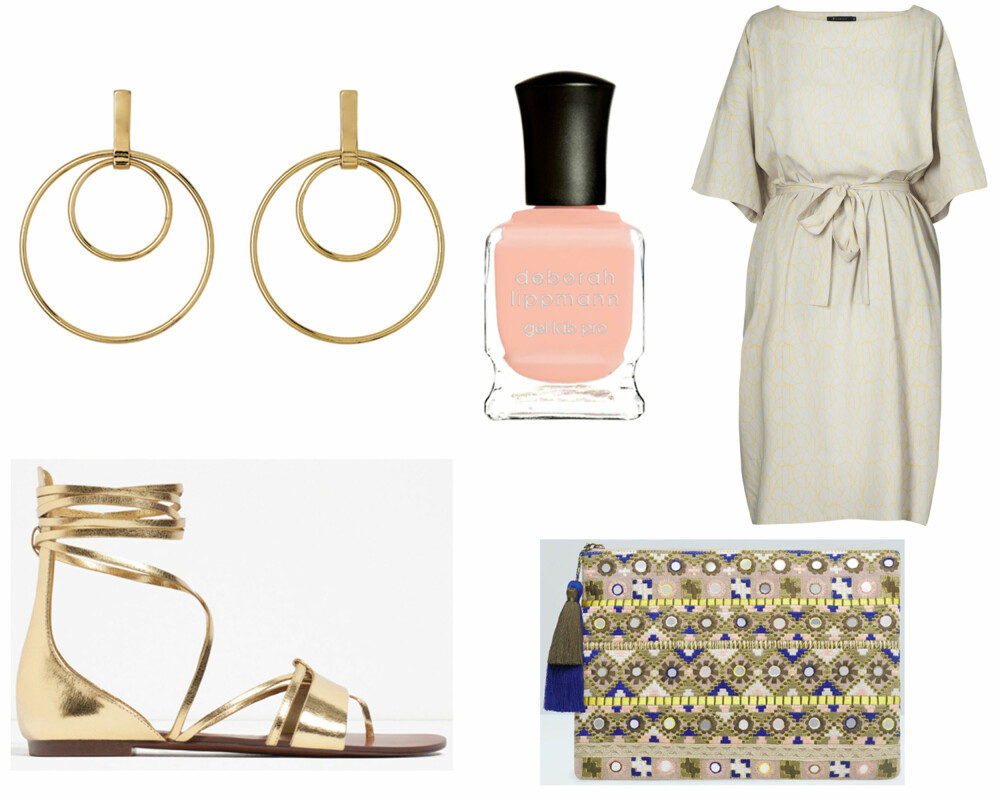 GULL OG DUSE FARGER: Øredobber fra Pilgrim, kr 299. Neglelakken Peaches and Cream fra Deborah Lippman, kr 199. Kjole fra Edblad, kr 1300. Sandaler fra Zara, kr 400. Clutchveske fra Mango, kr 300. GULL OG DUSE FARGER: Øredobber fra Pilgrim, kr 299. Neglelakken Peaches and Cream fra Deborah Lippman, kr 199. Kjole fra Edblad, kr 1300. Sandaler fra Zara, kr 400. Clutchveske fra Mango, kr 300.