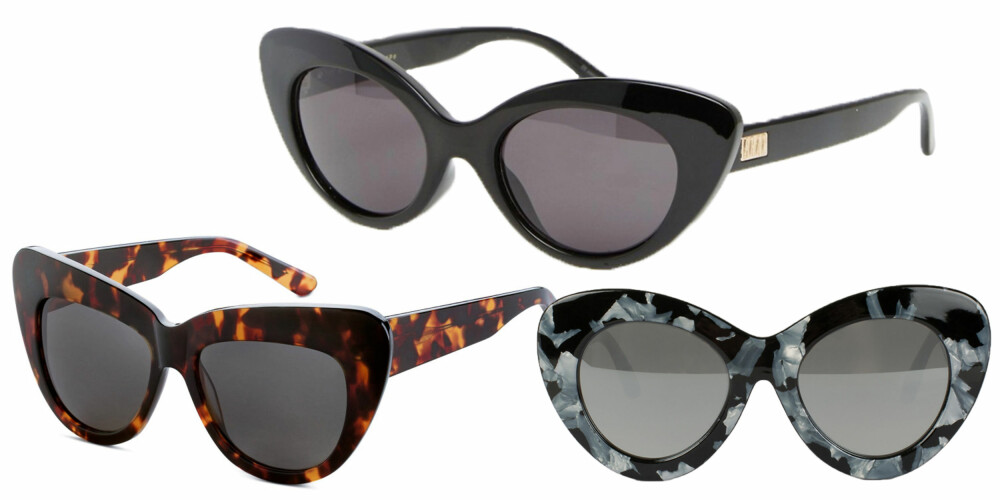 HJERTEFORMET ANSIKT (f.v.): Asos Crap Eyewear Cat Eye in Black, kr 692. H&M Solbriller, kr 249. LeSpecs Go Go Go, kr 599. HJERTEFORMET ANSIKT (f.v.): Asos Crap Eyewear Cat Eye in Black, kr 692. H&M Solbriller, kr 249. LeSpecs Go Go Go, kr 599.