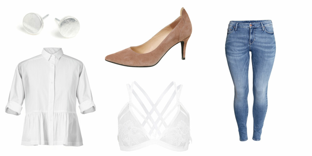 FRISK LOOK: Øredobber fra Arts & Crafts, kr 100. Bluse fra Edblad, kr 1000. Pumps fra Front Society, kr 1800. BH fra Gina Tricot, kr 179. Jeans fra HM, kr 600. FOTO: Produsentene FRISK LOOK: Øredobber fra Arts & Crafts, kr 100. Bluse fra Edblad, kr 1000. Pumps fra Front Society, kr 1800. BH fra Gina Tricot, kr 179. Jeans fra HM, kr 600. FOTO: Produsentene