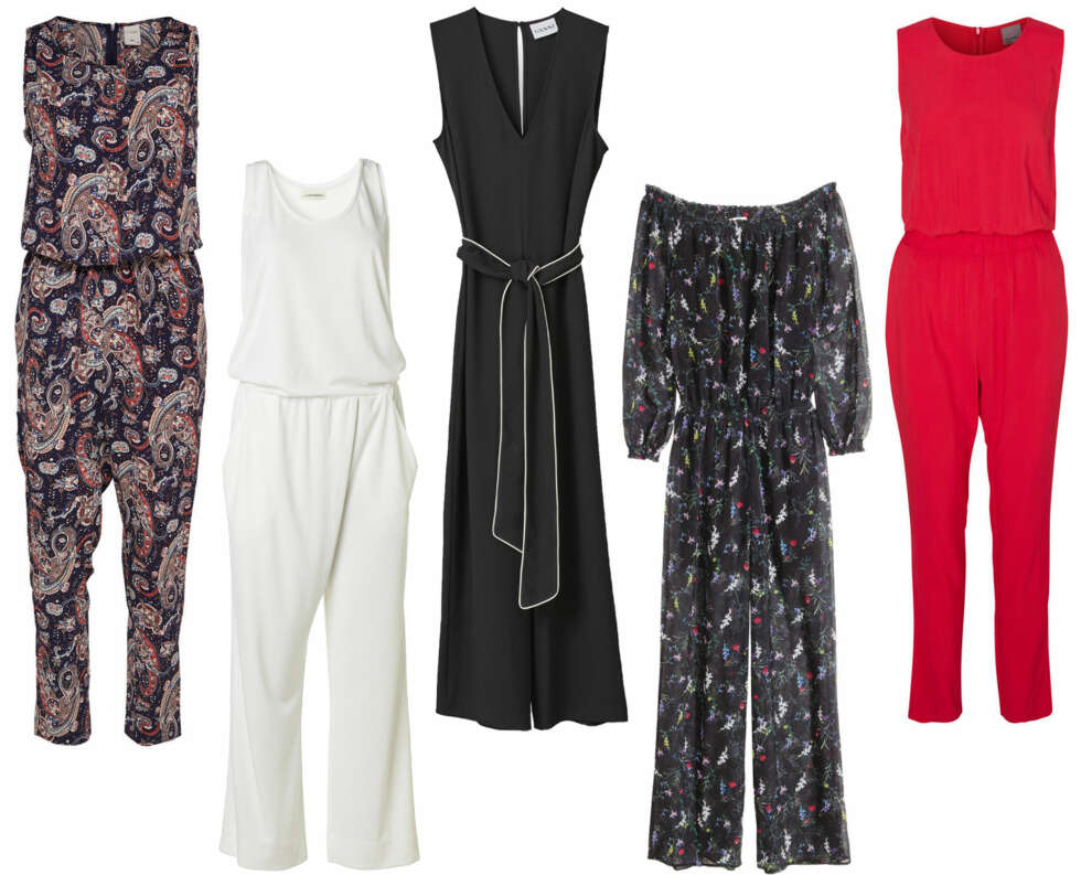 JUMPSUITS (f.v.): Only Printet Jumpsuit, kr 399,95. By Malene Birger, Sialo Jumpsuit, kr 2300. Ganni Clark Jumpsuit, kr 1599. H&M Off shoulder-jumpsuit, kr 499. Vero Moda Ermeløs Jumpsuit, kr 299,95. JUMPSUITS (f.v.): Only Printet Jumpsuit, kr 399,95. By Malene Birger, Sialo Jumpsuit, kr 2300. Ganni Clark Jumpsuit, kr 1599. H&M Off shoulder-jumpsuit, kr 499. Vero Moda Ermeløs Jumpsuit, kr 299,95.