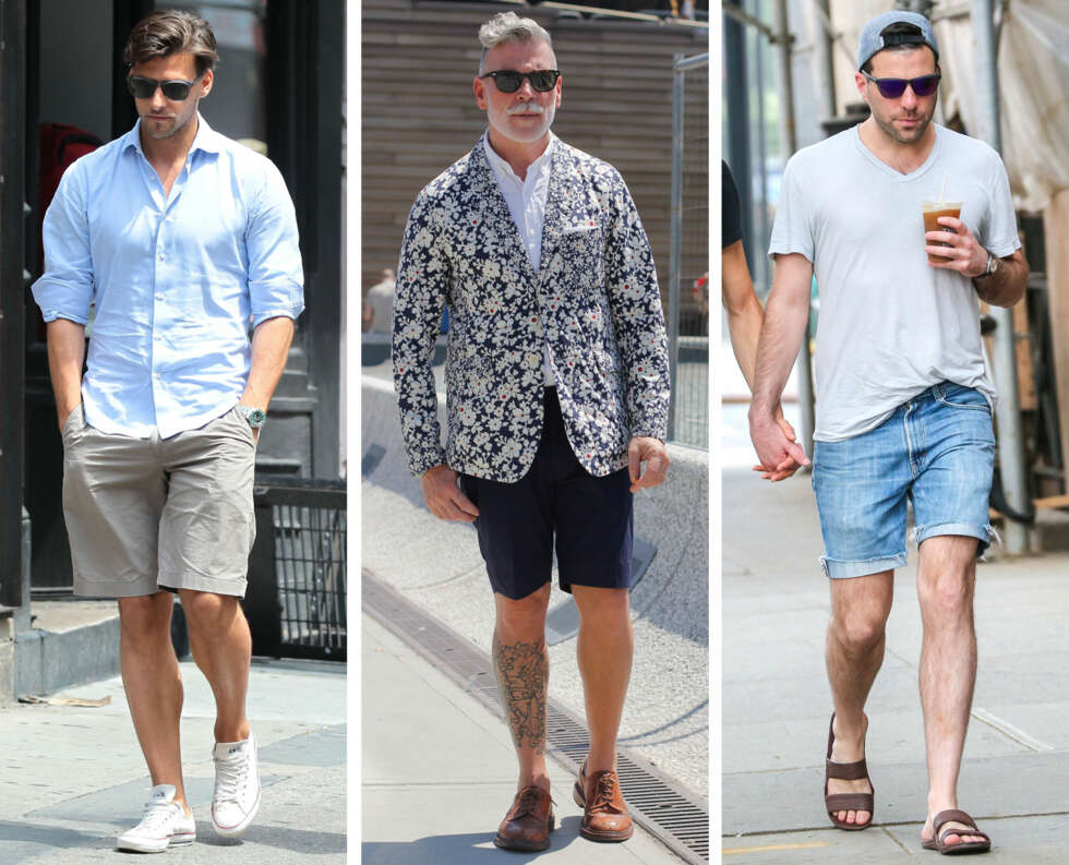 FLERE STYLINGMULIGHETER: En shorts kan styles både opp og ned. Til venstre har modell Johannes Huebl gått for en avslappet, men likevel noe pyntet look, med skjorte, chinos-shorts og Converse. I midten er gatemote-ikon Nick Wooster i et mer pyntet antrekk, med skjorte, blazer og Oxfordsko. Til høyre har skuespiller Zachary Quinto gått for en hverdagslig og sommerlig variant, med olashorts, cap, T-skjorte og sandaler. FLERE STYLINGMULIGHETER: En shorts kan styles både opp og ned. Til venstre har modell Johannes Huebl gått for en avslappet, men likevel noe pyntet look, med skjorte, chinos-shorts og Converse. I midten er gatemote-ikon Nick Wooster i et mer pyntet antrekk, med skjorte, blazer og Oxfordsko. Til høyre har skuespiller Zachary Quinto gått for en hverdagslig og sommerlig variant, med olashorts, cap, T-skjorte og sandaler.