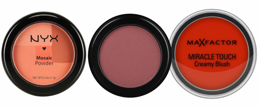 ROUGE: Mosaic Powder Blush i Love fra NYX, kr 119, Face Blush 27 fra Inglot, kr 160 og Miracle Touch Creamy Blush / 07 Soft Candy fra Max Factor, kr 99. ROUGE: Mosaic Powder Blush i Love fra NYX, kr 119, Face Blush 27 fra Inglot, kr 160 og Miracle Touch Creamy Blush / 07 Soft Candy fra Max Factor, kr 99.