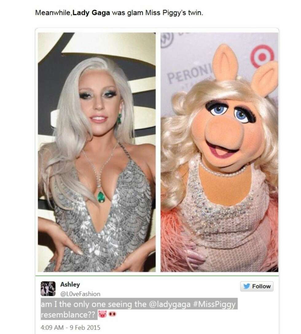 LIKE MYE GLITTER OG GLAM? Lady Gaga blir sammelignet med Miss Piggy. LIKE MYE GLITTER OG GLAM? Lady Gaga blir sammelignet med Miss Piggy.