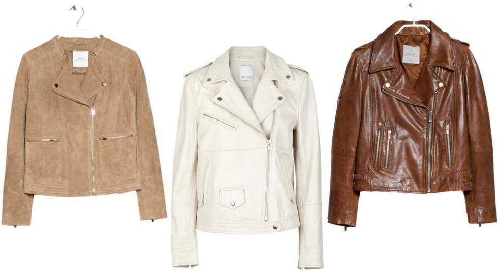 SKINNJAKKER: Beige bikerjakke i semsket skinn fra Mango, 799 kr. Hvit skinnjakke fra Samsoe Samsoe, 4 999 kr. Brun skinnjakke fra Mango, 999 kr. SKINNJAKKER: Beige bikerjakke i semsket skinn fra Mango, 799 kr. Hvit skinnjakke fra Samsoe Samsoe, 4 999 kr. Brun skinnjakke fra Mango, 999 kr.