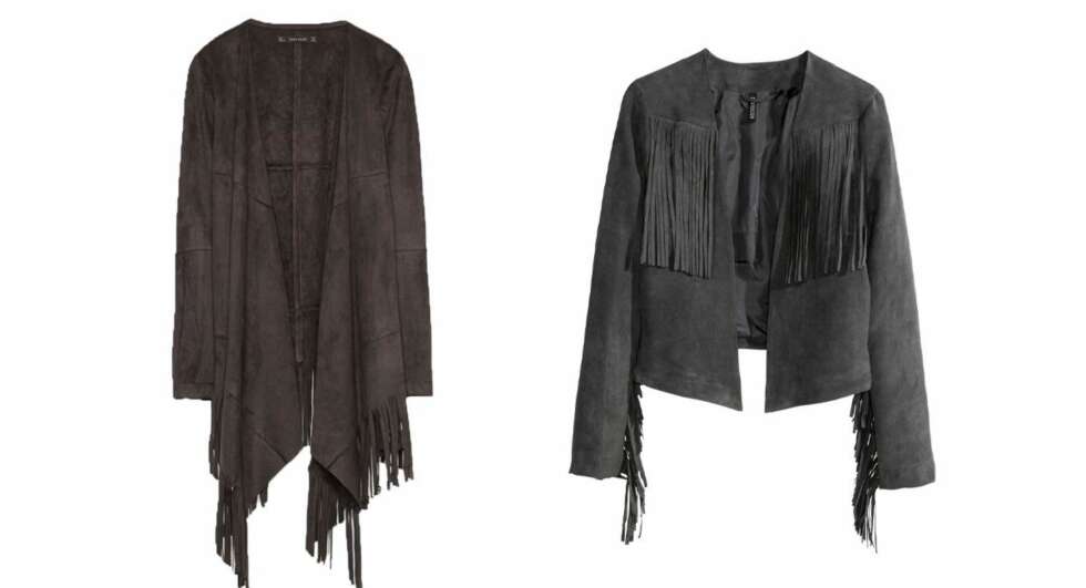 FRYNSEJAKKER: Lang jakke med frynser fra Zara, 559 kr. Kort jakke med frynsedetaljer fra H&M, 399 kr. FRYNSEJAKKER: Lang jakke med frynser fra Zara, 559 kr. Kort jakke med frynsedetaljer fra H&M, 399 kr.