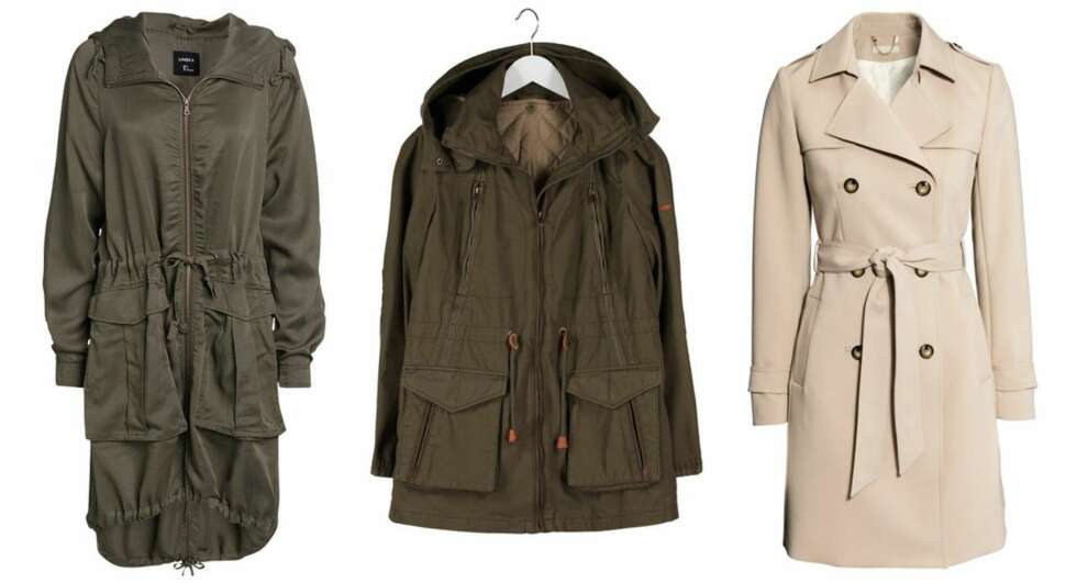 ARMY: Lang parkas fra Lindex, 699 kr. Parkas fra Esprit hos Zalando.no, 1 095 kr. Trenchcoat fra H&M, 599 kr. ARMY: Lang parkas fra Lindex, 699 kr. Parkas fra Esprit hos Zalando.no, 1 095 kr. Trenchcoat fra H&M, 599 kr.