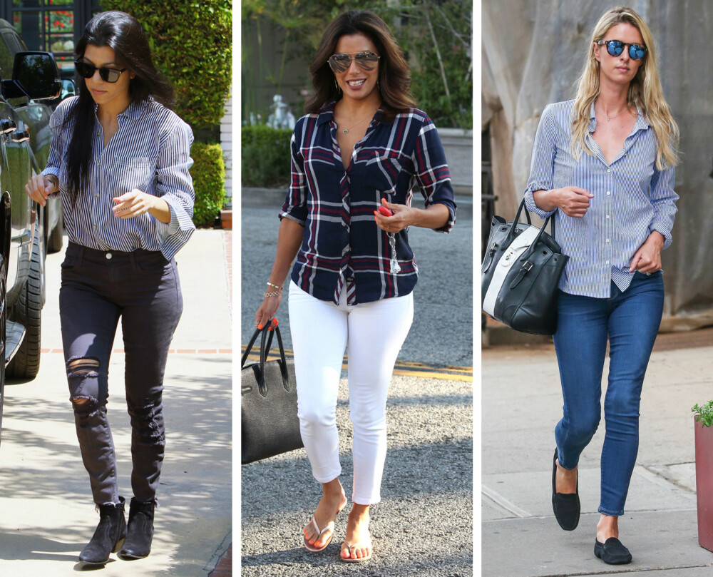 STYLINGTIPS (f.v.): Både Kourtney Kardashian, Eva Longoria og Nicky Hilton styler skjorta enkelt og hverdagslig til jeans. Longoria sin skjorte har innsving i livet, som fremhever midjen hennes. STYLINGTIPS (f.v.): Både Kourtney Kardashian, Eva Longoria og Nicky Hilton styler skjorta enkelt og hverdagslig til jeans. Longoria sin skjorte har innsving i livet, som fremhever midjen hennes.