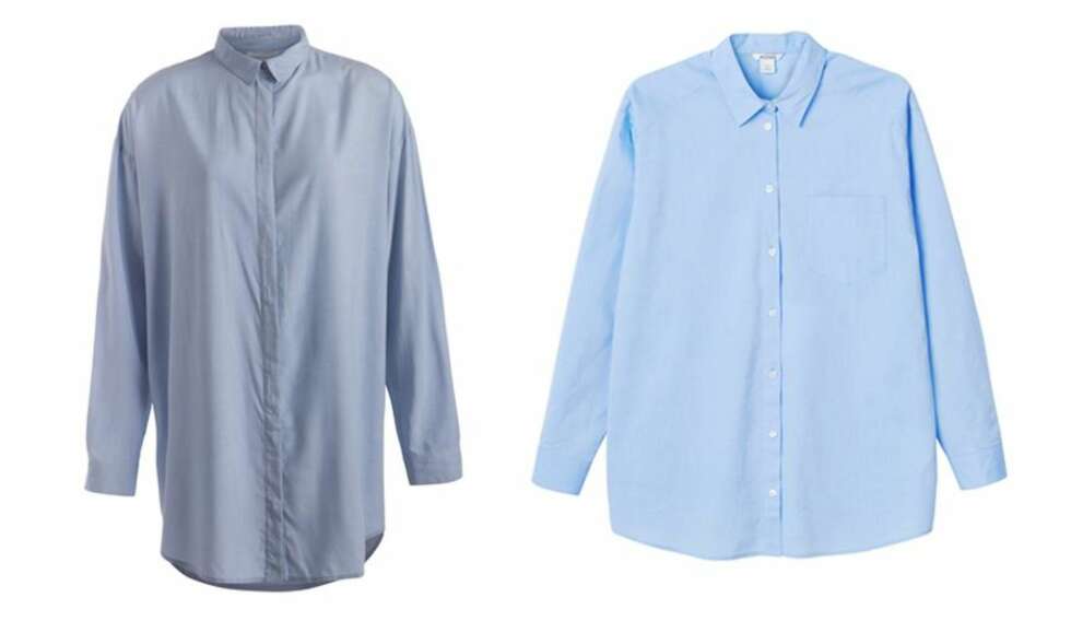OVERSIZED: Denimfarget skjorte fra Pieces, 350 kr. Lys blå fra Monki, 250 kr. OVERSIZED: Denimfarget skjorte fra Pieces, 350 kr. Lys blå fra Monki, 250 kr.