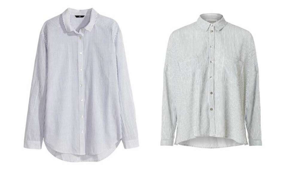 STRIPER: Blå-stripete skjorte fra H&M, 199 kr. Stripete skjorte fra Ganni, 849 kr. STRIPER: Blå-stripete skjorte fra H&M, 199 kr. Stripete skjorte fra Ganni, 849 kr.
