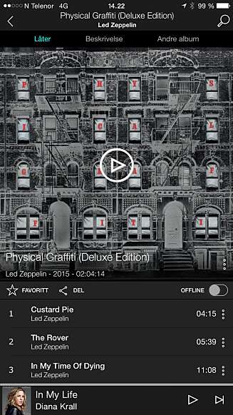 OVERSIKTLIG: Grensesnittet på Tidal (iOS) er oversiktlig og greit. Legg merke til Offline-knappen på høyre side. OVERSIKTLIG: Grensesnittet på Tidal (iOS) er oversiktlig og greit. Legg merke til Offline-knappen på høyre side.
