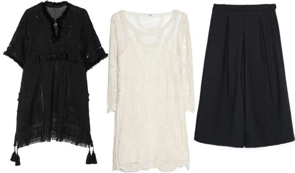 TRENDY: Sort tunika fra Isabel Marant hos matchesfashion.com, kr. 5 885. Hvit blondekjole fra Mango.no, kr. 499. Ankelkort vid bukse fra Zara, kr. 399. TRENDY: Sort tunika fra Isabel Marant hos matchesfashion.com, kr. 5 885. Hvit blondekjole fra Mango.no, kr. 499. Ankelkort vid bukse fra Zara, kr. 399.