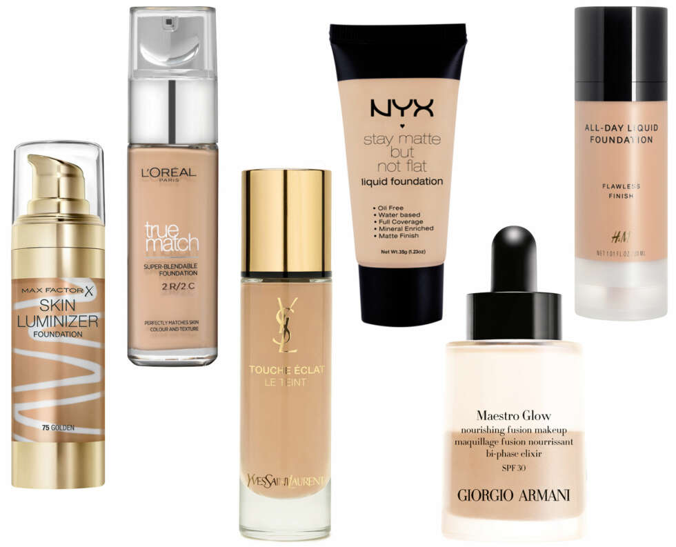 FLYTENDE FOUNDATION (f.v.): Max Factor Skin Luminizer Foundation 75 Golden, kr 185.
L'Oréal True Match Foundation Vanilla Rose, kr 179. Yves Saint Laurent Touche Éclat Le Teint BD30, kr 435. NYX Stay Matte Not Flat Liquid Foundation, kr 89. Giorgio Armani Maestro Glow 4, kr 540. H&M Liquid foundation Almond Beige, kr 99. FLYTENDE FOUNDATION (f.v.): Max Factor Skin Luminizer Foundation 75 Golden, kr 185.
L'Oréal True Match Foundation Vanilla Rose, kr 179. Yves Saint Laurent Touche Éclat Le Teint BD30, kr 435. NYX Stay Matte Not Flat Liquid Foundation, kr 89. Giorgio Armani Maestro Glow 4, kr 540. H&M Liquid foundation Almond Beige, kr 99.