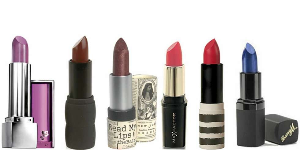 FRA VENSTRE: Lancome Color Fever Shine 310 (kr 255), Id. Bare Esentuals Lip Color Chocolate Shouffle (kr 179), The Balm Read My Lips Lipstick Shimmering Plum (kr 179), Maxfactor Color Collection (kr 99), Topshop Lips Brighton Rock (kr 76), Barry M Lip Paint Robot Blue (kr 119). FRA VENSTRE: Lancome Color Fever Shine 310 (kr 255), Id. Bare Esentuals Lip Color Chocolate Shouffle (kr 179), The Balm Read My Lips Lipstick Shimmering Plum (kr 179), Maxfactor Color Collection (kr 99), Topshop Lips Brighton Rock (kr 76), Barry M Lip Paint Robot Blue (kr 119).