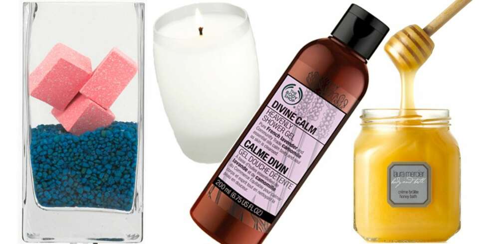 FRA VENSTRE: Decléor Arôme euphoric brusende badetabletter (kr 149 for fire stk.), duftlys fra Anthousa (kr 335), Divine Calm Heavenly shower gel fra Body Shop (kr 119), Laura Mercier Créme brulée honey bath (kr 450) FRA VENSTRE: Decléor Arôme euphoric brusende badetabletter (kr 149 for fire stk.), duftlys fra Anthousa (kr 335), Divine Calm Heavenly shower gel fra Body Shop (kr 119), Laura Mercier Créme brulée honey bath (kr 450)