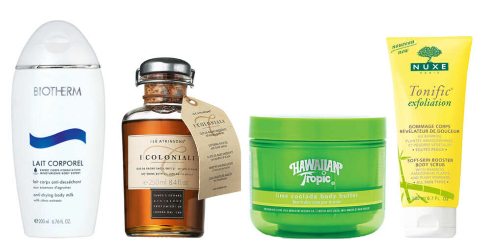 FRA VENSTRE: Biotherm Lait Corporel Anti-drying Body Milk (kr 275), I Coloniali Softening Bath Oil (kr 260), Hawaiian Tropic Lim Coolada Body Butter After Sun Cream (kr 85), Nuxe Tonific Exfoliation Body Scrub (kr 215). FRA VENSTRE: Biotherm Lait Corporel Anti-drying Body Milk (kr 275), I Coloniali Softening Bath Oil (kr 260), Hawaiian Tropic Lim Coolada Body Butter After Sun Cream (kr 85), Nuxe Tonific Exfoliation Body Scrub (kr 215).