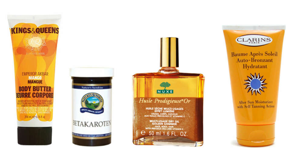 FRA VENSTRE: Kings & Queens Mango Body Butter (kr 110), Nature's Sunsine Betakaroten (kr 149), Nuxe Huile Prodigieuse Or Multi-Usage Dry Oil Golden Shimmer (kr 255), Clarins After Sun Moisturizer with Self Tanning Action (kr 255). FRA VENSTRE: Kings & Queens Mango Body Butter (kr 110), Nature's Sunsine Betakaroten (kr 149), Nuxe Huile Prodigieuse Or Multi-Usage Dry Oil Golden Shimmer (kr 255), Clarins After Sun Moisturizer with Self Tanning Action (kr 255).