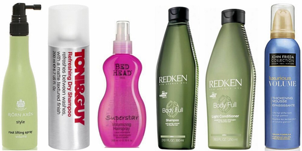 FRA VENSTRE: Björn Axén Root Lifting Spray (kr 105), Toni og Guy Refreshing Dry Shampoo( kr 122), Tigi Bed Head Superstar Volumizing Hairspray (kr 134), Redken Full Body Shampoo (kr 268), Redken Full BOdy Light Conditioner (kr 280), John Frieda Volume Thickening Mousse (kr 99). FRA VENSTRE: Björn Axén Root Lifting Spray (kr 105), Toni og Guy Refreshing Dry Shampoo( kr 122), Tigi Bed Head Superstar Volumizing Hairspray (kr 134), Redken Full Body Shampoo (kr 268), Redken Full BOdy Light Conditioner (kr 280), John Frieda Volume Thickening Mousse (kr 99).