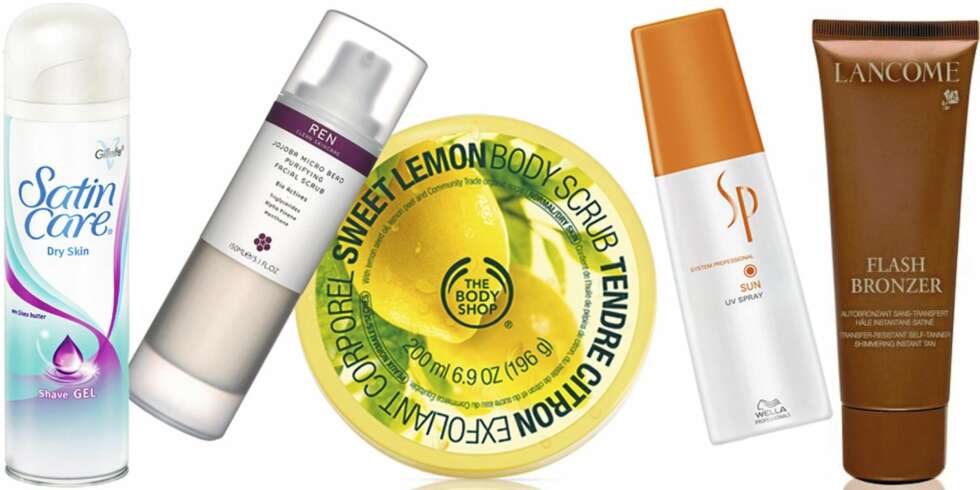 FRA VENSTRE: Gilette Satin Care Gel Dry Skin (kr 49), Ren Jojoba Micro Bead Purifying Facial Scrub (kr 275), The Body Shop Sweet Lemon Body Scrub (kr 179), SP Sun UV Spray (kr 249), Lancôme Flash Bronzer Transfer- Resistans Shimmering (kr 275) FRA VENSTRE: Gilette Satin Care Gel Dry Skin (kr 49), Ren Jojoba Micro Bead Purifying Facial Scrub (kr 275), The Body Shop Sweet Lemon Body Scrub (kr 179), SP Sun UV Spray (kr 249), Lancôme Flash Bronzer Transfer- Resistans Shimmering (kr 275)