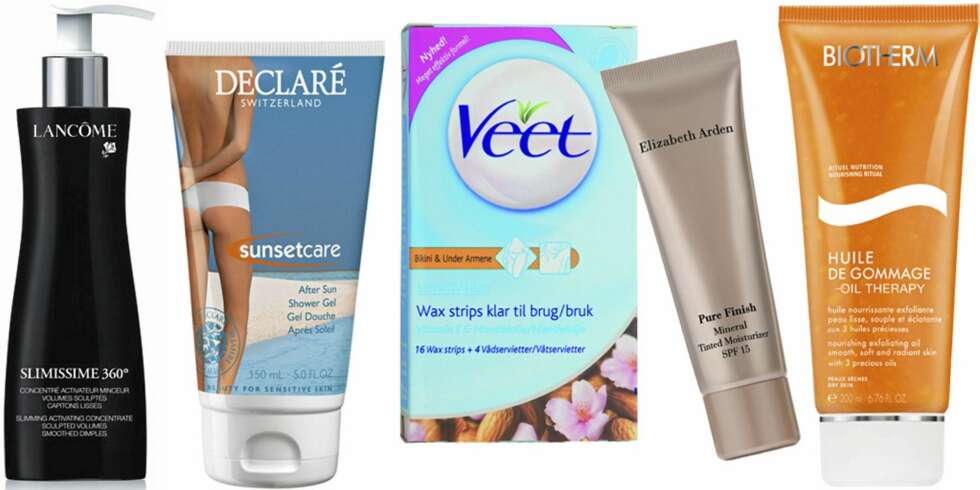 FRA VENSTRE: Lancome Slimissime 360° Skimming Activating Concentrate (kr 440), Declaré After Sun Shower Gel (kr 79), Veet Wax Strips (kr 40), Elizabeth Arden Pure Finish Mineral Tinted Moisturizer SPF 15 (kr 275), Biotherm Huile de Gommage Oil Therapy (kr 235). FRA VENSTRE: Lancome Slimissime 360° Skimming Activating Concentrate (kr 440), Declaré After Sun Shower Gel (kr 79), Veet Wax Strips (kr 40), Elizabeth Arden Pure Finish Mineral Tinted Moisturizer SPF 15 (kr 275), Biotherm Huile de Gommage Oil Therapy (kr 235).