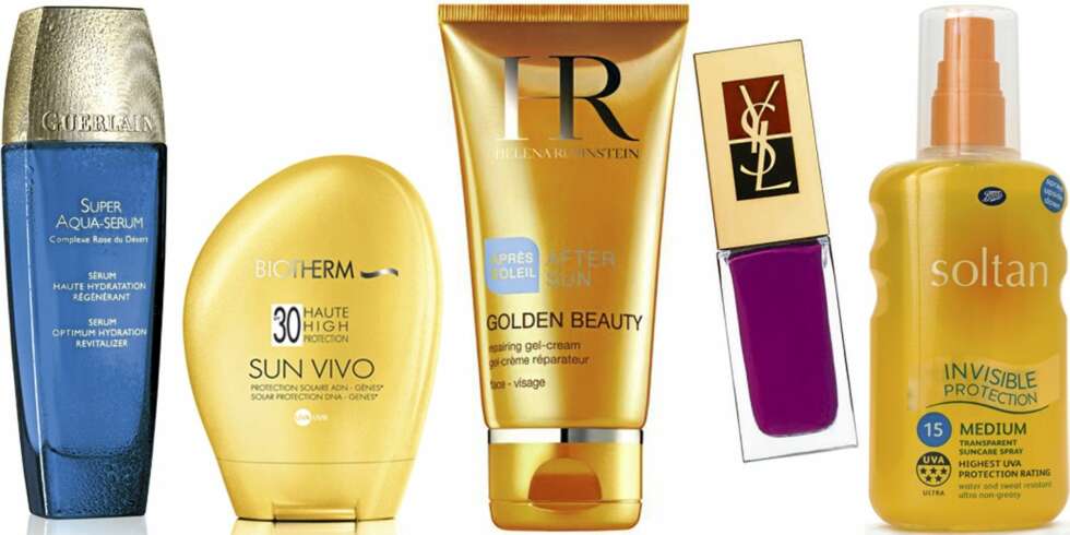 FRA VENSTRE: Guerlain Super Aqua-Body Serum (kr 840), Biotherm Sun Vivo Visage SPF 30 (kr 270), Helena Rubinstein Golden Beauty After Sun (kr 295), YSL La Laque No. 42 (kr 190), Soltan Invisible Protection Clear Spray SPF 15 (kr 149). FRA VENSTRE: Guerlain Super Aqua-Body Serum (kr 840), Biotherm Sun Vivo Visage SPF 30 (kr 270), Helena Rubinstein Golden Beauty After Sun (kr 295), YSL La Laque No. 42 (kr 190), Soltan Invisible Protection Clear Spray SPF 15 (kr 149).