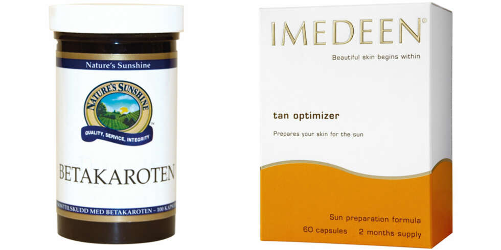 FRA VENSTRE: Nature's Sunsine Betakaroten (kr 149), Imedeen Tan Optimizer (kr 430). FRA VENSTRE: Nature's Sunsine Betakaroten (kr 149), Imedeen Tan Optimizer (kr 430).