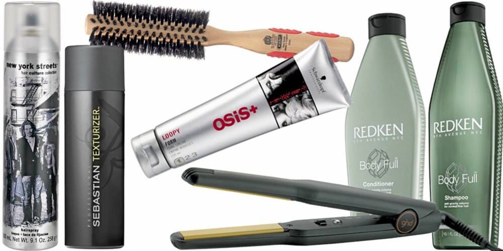 FRA VENSTRE: New York Street Hairspray (kr 215), Sebastian Texturizer (kr 290), liten rundbørste fra Kent med ekte bust (kr 265), Schwarzkopf Loopy Curl Cream (kr 198), ghd Ministyler (kr 1699), Redken Body Full Conditioner (kr 272), Redken Body Full Shampoo (kr 260). FRA VENSTRE: New York Street Hairspray (kr 215), Sebastian Texturizer (kr 290), liten rundbørste fra Kent med ekte bust (kr 265), Schwarzkopf Loopy Curl Cream (kr 198), ghd Ministyler (kr 1699), Redken Body Full Conditioner (kr 272), Redken Body Full Shampoo (kr 260).
