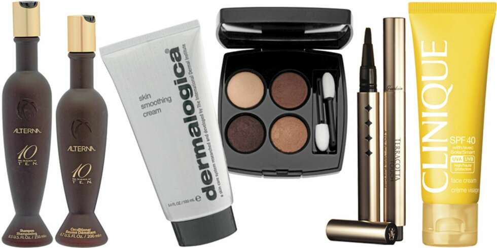 FRA VENSTRE: Alterna Ten Shampoo (kr 655), Alterna Ten Conditioner (kr 665), Dermalogica Skin Smoothing Crème (kr 630), Chanel Les 4 Ombres (kr 450), Guerlain Terracotta Touch oncealer (kr 325), Clinique Sun Block spf 40 Face Cream (kr 210). FRA VENSTRE: Alterna Ten Shampoo (kr 655), Alterna Ten Conditioner (kr 665), Dermalogica Skin Smoothing Crème (kr 630), Chanel Les 4 Ombres (kr 450), Guerlain Terracotta Touch oncealer (kr 325), Clinique Sun Block spf 40 Face Cream (kr 210).