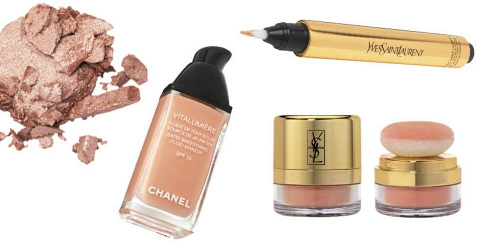 Fra venstre: Youngblood Eyeshadow i fargen Pink Diamond, kr 225. Chanel Vitalumiere satin Smoothing Fluid Makeup, kr 410. YSL Touche eclat, kr 300. YSL Touche blush nr. 11, kr 320. Fra venstre: Youngblood Eyeshadow i fargen Pink Diamond, kr 225. Chanel Vitalumiere satin Smoothing Fluid Makeup, kr 410. YSL Touche eclat, kr 300. YSL Touche blush nr. 11, kr 320.