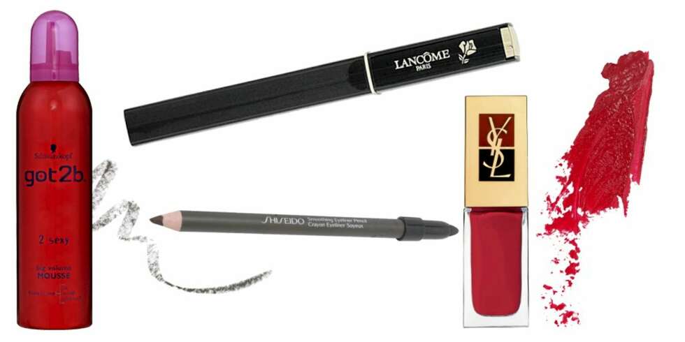 Fra venstre: Got2b 2 sexy Big Volume Mousse, kr 64. Lancôme Définicils mascara, kr 250. Shiseido Smoothing eyeliner pencil, kr 155. YSL La laque nr. 1, kr 185. Gosh Soft'n shine lip balm i fargen kiss, kr 99. Fra venstre: Got2b 2 sexy Big Volume Mousse, kr 64. Lancôme Définicils mascara, kr 250. Shiseido Smoothing eyeliner pencil, kr 155. YSL La laque nr. 1, kr 185. Gosh Soft'n shine lip balm i fargen kiss, kr 99.