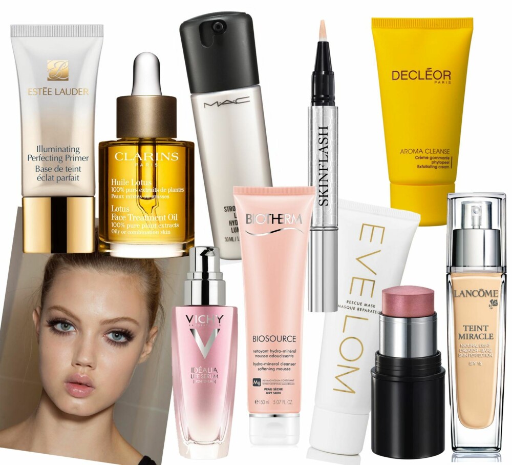 PRODUKTER: Enzympeeling Aroma Cleanse Exfoliating Cream fra Decleor, kr 419. Ansiktsolje for fet hud Lotus Face Treatment Oil fra Clarins, kr 425. Glødgivende serum Idelia Life Serum fra Vichy, kr 249. Primer Illuminating Perfecting Primer fra Estée Lauder, kr 260. Ansiktsmaske Rescue Mask fra Eve Lom, kr 375. Kremblush Glow Stick Blusher fra Isadora, kr 145. Foundation Teint Miracle fra Lancôme, kr 399. Highlighter Skinflash fra Dior, kr 330. Rensemousse Biosource Creme Mousse fra Biotherm, kr 215. Highlighter Strobe Liquid Loion fra Mac, kr 200. PRODUKTER: Enzympeeling Aroma Cleanse Exfoliating Cream fra Decleor, kr 419. Ansiktsolje for fet hud Lotus Face Treatment Oil fra Clarins, kr 425. Glødgivende serum Idelia Life Serum fra Vichy, kr 249. Primer Illuminating Perfecting Primer fra Estée Lauder, kr 260. Ansiktsmaske Rescue Mask fra Eve Lom, kr 375. Kremblush Glow Stick Blusher fra Isadora, kr 145. Foundation Teint Miracle fra Lancôme, kr 399. Highlighter Skinflash fra Dior, kr 330. Rensemousse Biosource Creme Mousse fra Biotherm, kr 215. Highlighter Strobe Liquid Loion fra Mac, kr 200.
