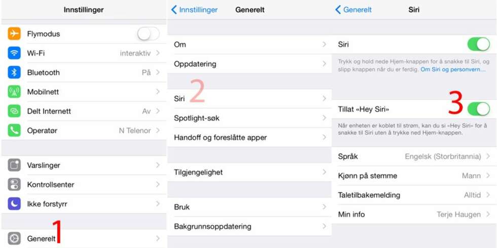 SIRI: "Hey Siri"-funksjonen aktiveres under "innstillinger". ILLUSTRASJON: Terje Haugen SIRI: "Hey Siri"-funksjonen aktiveres under "innstillinger". ILLUSTRASJON: Terje Haugen