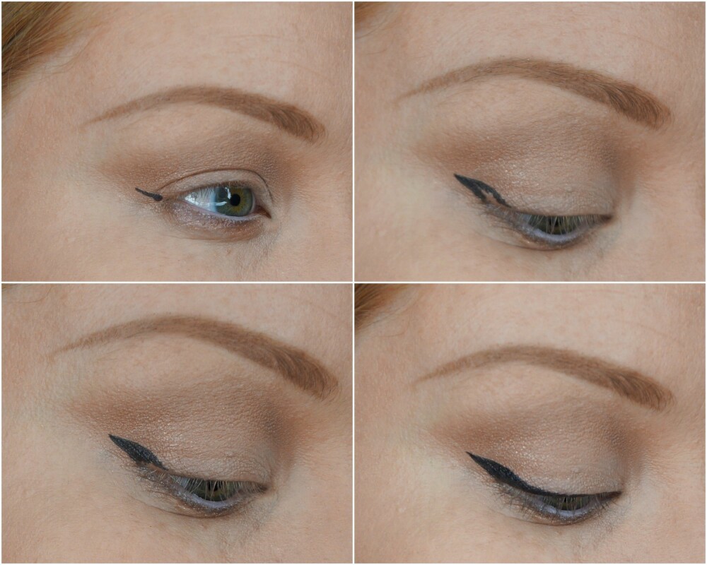 EYELINER: Line opp eyelineren fra ytre øyekrok ved å følge retningen som nedre vippekant viser. Trekk en linje tilbake til øvre vippekant, fyll inn vingen og fortsett eyelineren innover. EYELINER: Line opp eyelineren fra ytre øyekrok ved å følge retningen som nedre vippekant viser. Trekk en linje tilbake til øvre vippekant, fyll inn vingen og fortsett eyelineren innover.
