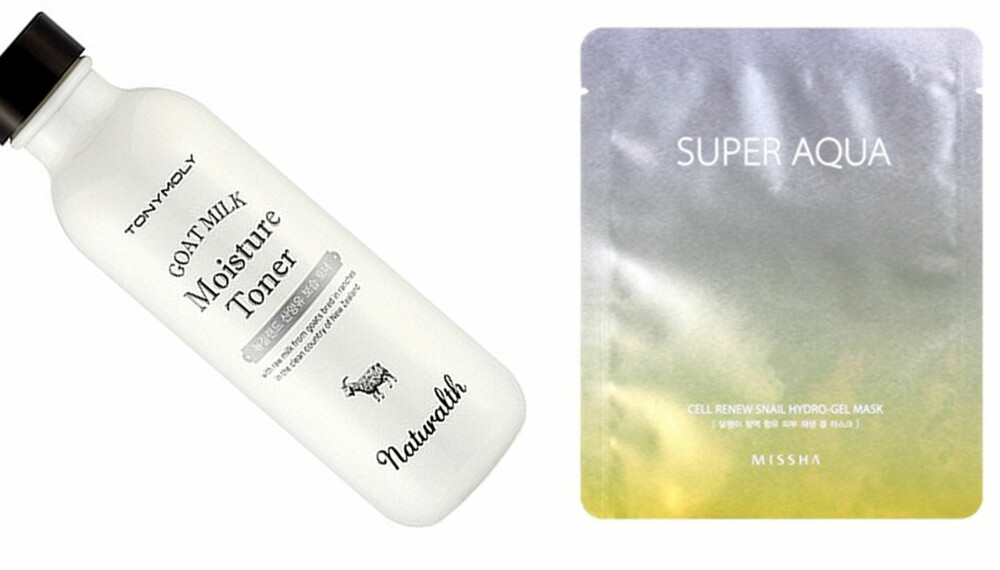 K-BEAUTY: K-Beauty, altså koreansk hudpleieregime og produkter basert på sør-koreansk filosofi om hvordan og hva man skal bruke for å oppnå en perfekt porselenshud, er en av de store skjønnhetstrendene akkurat nå. Avbildet er toner med geitemelk og maske med snegleslim. K-BEAUTY: K-Beauty, altså koreansk hudpleieregime og produkter basert på sør-koreansk filosofi om hvordan og hva man skal bruke for å oppnå en perfekt porselenshud, er en av de store skjønnhetstrendene akkurat nå. Avbildet er toner med geitemelk og maske med snegleslim.