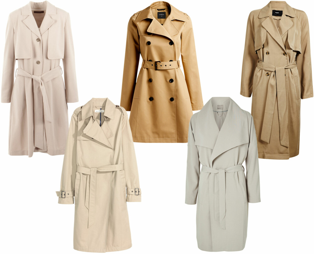 BEIGE TRENCHCOATS (f. v.): Riccovero, kr 2199. H&M, kr 499. LIndex, kr 799. Vero Moda, kr 630. Bik Bok, kr 999. BEIGE TRENCHCOATS (f. v.): Riccovero, kr 2199. H&M, kr 499. LIndex, kr 799. Vero Moda, kr 630. Bik Bok, kr 999.