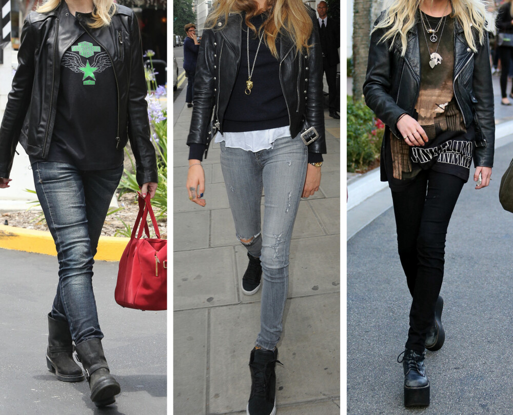 ROCKA: Svart, hvitt og grått går igjen i garderoben til en rockejente. Et par hullete jeans, en band T-skjorte, bikerjakke og Dr. Martens støvler er et typisk antrekk. Eksempel: Cara Delevingne og Gwen Stefani. ROCKA: Svart, hvitt og grått går igjen i garderoben til en rockejente. Et par hullete jeans, en band T-skjorte, bikerjakke og Dr. Martens støvler er et typisk antrekk. Eksempel: Cara Delevingne og Gwen Stefani.