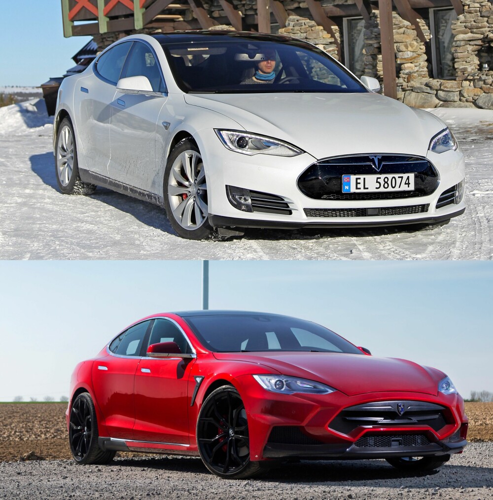 TESLA: Original over, med stylingkit fra Larte Design under. FOTO: Terje Bjørnsen og produsent TESLA: Original over, med stylingkit fra Larte Design under. FOTO: Terje Bjørnsen og produsent