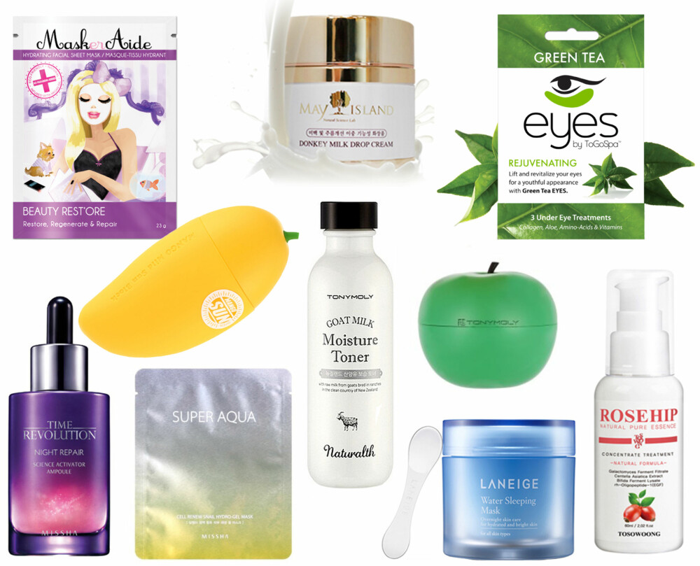 KOREANSKE SKJØNNHETSPRODUKTER (f.v.): MaskerAide Beauty Restore Facial Mask/Makestyle.no, kr 59. May Island Donkey Milk Drop Cream 70ml./Roseroseshop.com, roserose, kr 423. Eyes by ToGoSpa Green Tea/Makestyle.no, kr 155. Tonymoly Magic Food Mango Mild Sun Block (SPF50+PA+++) 45g/Beautynetkorea.com, kr 115. Tonymoly Naturalth Goat Milk Moisture Toner 110ml/Beautynetkorea.com, kr 114. Tonymoly Appletox Smooth Massage Peeling Cream 80g/Jolse.com, kr 94. Missha Time Revolution Night Repair Science Activator Ampoule 50ml/Beautybay.com, kr 399,40. Missha Super Aqua Cell Renew Snail Gel Mask 28g/Beautybay.com, kr 48,70. Laneige Water Sleeping Mask 70ml/Roseroseshop.com, kr 207. Rosehip Natural Pure Essence 60ml/Roseroseshop.com, kr 171. KOREANSKE SKJØNNHETSPRODUKTER (f.v.): MaskerAide Beauty Restore Facial Mask/Makestyle.no, kr 59. May Island Donkey Milk Drop Cream 70ml./Roseroseshop.com, roserose, kr 423. Eyes by ToGoSpa Green Tea/Makestyle.no, kr 155. Tonymoly Magic Food Mango Mild Sun Block (SPF50+PA+++) 45g/Beautynetkorea.com, kr 115. Tonymoly Naturalth Goat Milk Moisture Toner 110ml/Beautynetkorea.com, kr 114. Tonymoly Appletox Smooth Massage Peeling Cream 80g/Jolse.com, kr 94. Missha Time Revolution Night Repair Science Activator Ampoule 50ml/Beautybay.com, kr 399,40. Missha Super Aqua Cell Renew Snail Gel Mask 28g/Beautybay.com, kr 48,70. Laneige Water Sleeping Mask 70ml/Roseroseshop.com, kr 207. Rosehip Natural Pure Essence 60ml/Roseroseshop.com, kr 171.