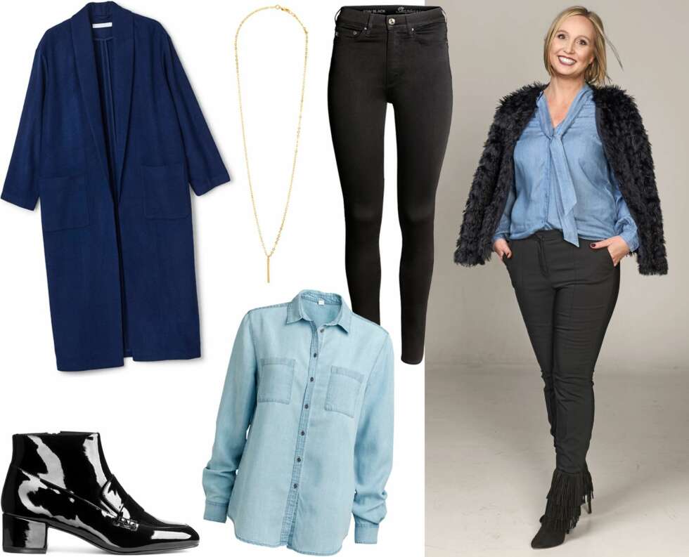 HVERDAGSSTIL: <b>Produktforslag:</b> Kåpe fra Weekday, kr 800. Ankelboots fra H&M, kr 399. Denimskjorte fra Lindex, kr 299. Smykke fra Secrets by B, kr 450. Jeans fra H&M, kr 499. <b>Mette har på seg:</b> Øredobber fra Secrets by B, kr 250. Jakke fra Zara, kr 600. Denimbluse fra Lindex, kr 400. Bukse fra Lindex, kr 300. Skoletter fra Zara, kr 800. Armbånd fra Secrets by B, kr 500. HVERDAGSSTIL: <b>Produktforslag:</b> Kåpe fra Weekday, kr 800. Ankelboots fra H&M, kr 399. Denimskjorte fra Lindex, kr 299. Smykke fra Secrets by B, kr 450. Jeans fra H&M, kr 499. <b>Mette har på seg:</b> Øredobber fra Secrets by B, kr 250. Jakke fra Zara, kr 600. Denimbluse fra Lindex, kr 400. Bukse fra Lindex, kr 300. Skoletter fra Zara, kr 800. Armbånd fra Secrets by B, kr 500.