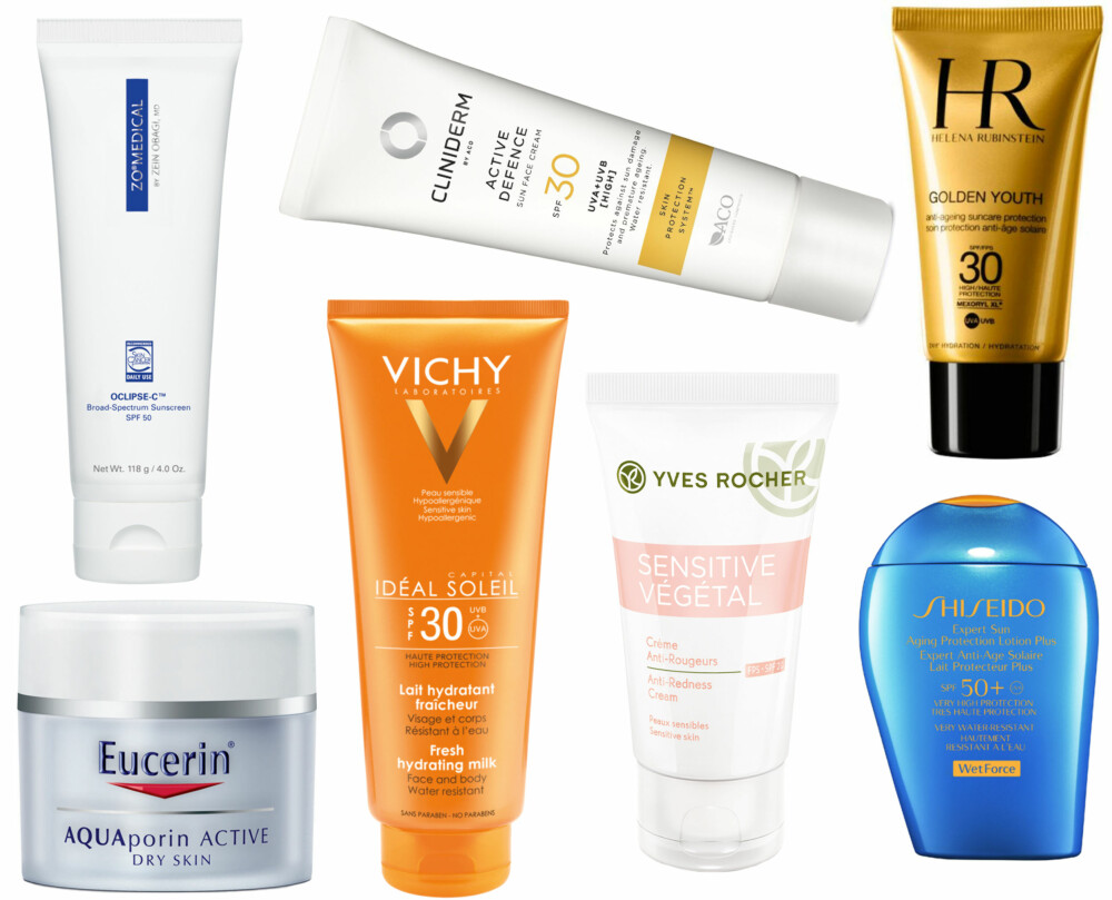 SOLKREMER (f.v.): ZO Medical Oclipse-C SPF50, kr 750. Cliniderm Active Defence Sun Face Cream SPF30 50 ml, kr 189. Helena Rubinstein Golden Youth SPF30, kr 435. Eucerin AQUAporin ACTIVE SPF25, kr 209. Vichy Idéal Soleil SPF30, kr 299. Yves Rocher Sensitive Végétal Anti-Redness Cream SPF20, kr 119. Shiseido Expert Sun Aging Protection Lotion SPF 50, kr 470. SOLKREMER (f.v.): ZO Medical Oclipse-C SPF50, kr 750. Cliniderm Active Defence Sun Face Cream SPF30 50 ml, kr 189. Helena Rubinstein Golden Youth SPF30, kr 435. Eucerin AQUAporin ACTIVE SPF25, kr 209. Vichy Idéal Soleil SPF30, kr 299. Yves Rocher Sensitive Végétal Anti-Redness Cream SPF20, kr 119. Shiseido Expert Sun Aging Protection Lotion SPF 50, kr 470.