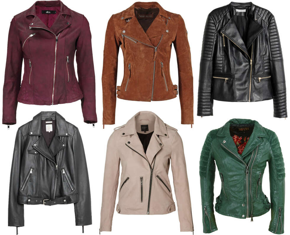 BIKERJAKKER (f.v.): Ellos Skinnjakke i bikermodell, kr 999. Freaky Nation Angelica skinnjakke i dark cognag,/Zalando, kr 1195. H&M Bikerjakke, kr 499. Zara basic skinnjakke, kr 1199. Selected Femme skinnjakke i lam, kr 2299,95. Jofama Roxy 1, kr 2995. BIKERJAKKER (f.v.): Ellos Skinnjakke i bikermodell, kr 999. Freaky Nation Angelica skinnjakke i dark cognag,/Zalando, kr 1195. H&M Bikerjakke, kr 499. Zara basic skinnjakke, kr 1199. Selected Femme skinnjakke i lam, kr 2299,95. Jofama Roxy 1, kr 2995.