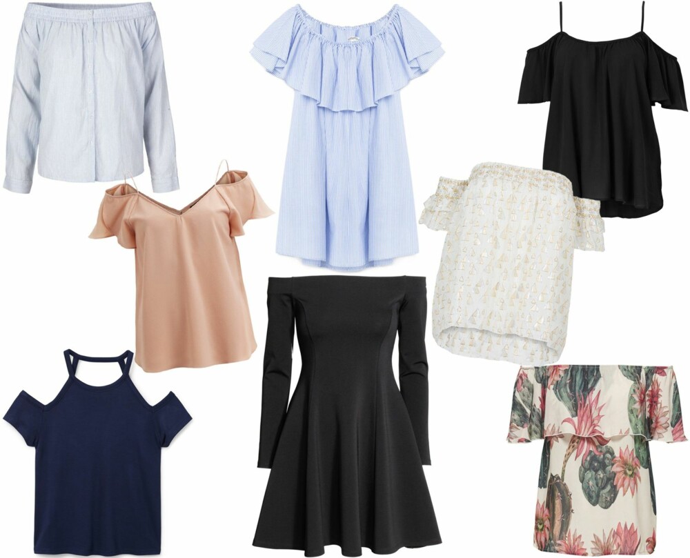 BARE SKULDRE (f.v.) Langermet topp fra Second Female, kr 699. Blå topp med cut-outs fra Mango, kr 299. Kortermet beige topp fra Vila, kr 300. Stripete kjole fra Zara, kr 349. Svart, langermet kjole fra H&M, kr 399. Hvit topp med gulldetaljer fra Custommade, kr 2500. Svart topp fra Gina Tricot, kr 199. Blomstrete topp fra Only, kr 280. BARE SKULDRE (f.v.) Langermet topp fra Second Female, kr 699. Blå topp med cut-outs fra Mango, kr 299. Kortermet beige topp fra Vila, kr 300. Stripete kjole fra Zara, kr 349. Svart, langermet kjole fra H&M, kr 399. Hvit topp med gulldetaljer fra Custommade, kr 2500. Svart topp fra Gina Tricot, kr 199. Blomstrete topp fra Only, kr 280.