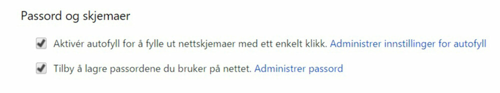 LAGRE PASSORD: Du må hake av for at du vil at Google Chrome skal huske passordene du bruker på nett. LAGRE PASSORD: Du må hake av for at du vil at Google Chrome skal huske passordene du bruker på nett.