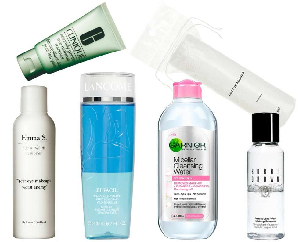 SMINKEFJERNERE (t.v.): Clinique Naturally Gentle Eye Makeup Remover, kr 185. H&M Cotton Rounds, kr 19,50. EMMA S. Eye Makeup Remover, kr 119. Lancôme Bi-facil 200 ml, kr 275. Garnier Micellar Cleansing Water, kr 59. Bobbi Brown Instant Long-Wear Makeup Remover, kr 235. SMINKEFJERNERE (t.v.): Clinique Naturally Gentle Eye Makeup Remover, kr 185. H&M Cotton Rounds, kr 19,50. EMMA S. Eye Makeup Remover, kr 119. Lancôme Bi-facil 200 ml, kr 275. Garnier Micellar Cleansing Water, kr 59. Bobbi Brown Instant Long-Wear Makeup Remover, kr 235.