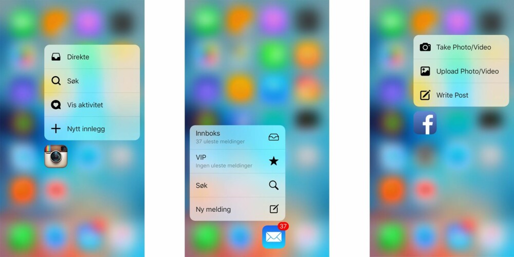 QUICK ACTION: Eksempler på «quick action» er snarveier som dette, der man kan gå direkte til en funksjon i en app ved å trykke på app-ikonet på hjem-skjermen. QUICK ACTION: Eksempler på «quick action» er snarveier som dette, der man kan gå direkte til en funksjon i en app ved å trykke på app-ikonet på hjem-skjermen.