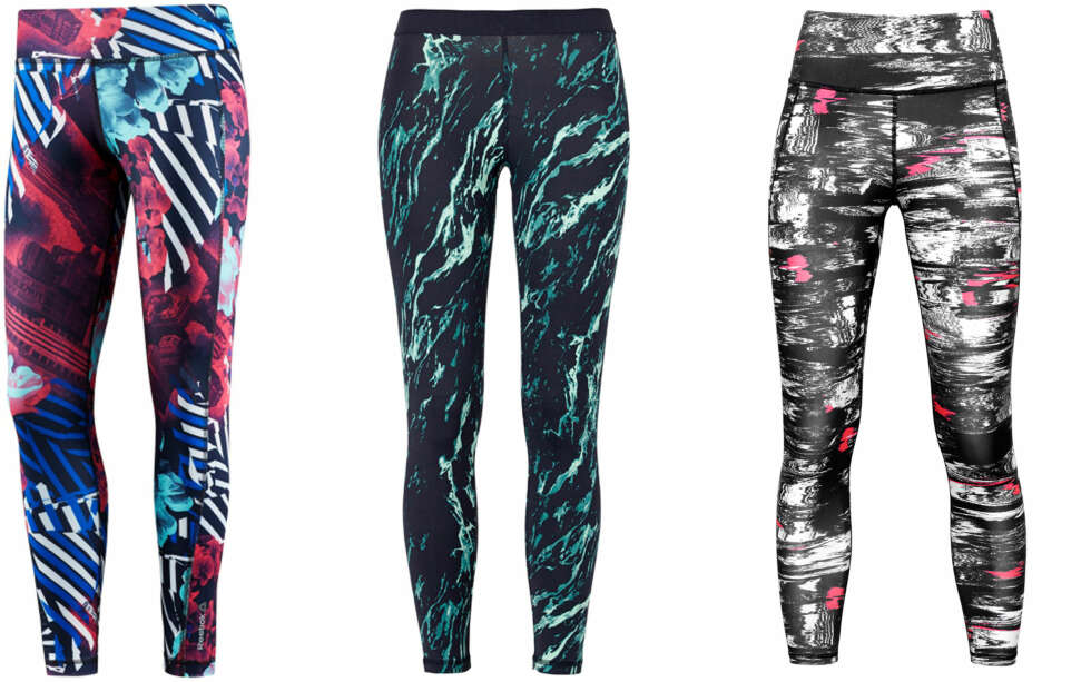 DYRT ELLER BILLIG - SER DU FORSKJELL?: Prisene varierer mye på løpetights. I rødt og blått (kr 750, Reebok), i grønt mønster (kr 249, Gina Tricot) og i sort, grått og rosa (fra H&M). DYRT ELLER BILLIG - SER DU FORSKJELL?: Prisene varierer mye på løpetights. I rødt og blått (kr 750, Reebok), i grønt mønster (kr 249, Gina Tricot) og i sort, grått og rosa (fra H&M).
